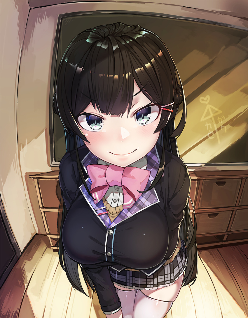 1girl ai_ai_gasa bangs black_hair blue_eyes bow bowtie braid breast_hold breasts buttons chalkboard classroom commentary eyebrows_visible_through_hair fisheye french_braid frilled_skirt frills hair_ornament hairclip half_updo heart highres indoors jacket large_breasts leaning_forward long_hair long_sleeves looking_at_viewer natori_youkai nijisanji pink_neckwear plaid plaid_skirt school_uniform skirt smile solo thigh-highs tsukino_mito v-shaped_eyebrows virtual_youtuber white_legwear wooden_floor