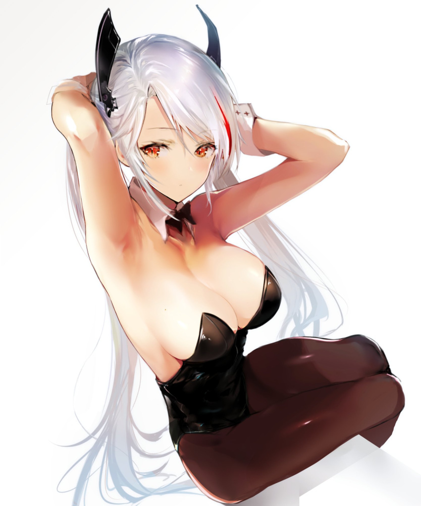 1girl armpits arms_behind_head azur_lane bangs bare_shoulders blush breasts bunnysuit cleavage closed_mouth collarbone eyebrows_visible_through_hair from_above from_side gradient gradient_background hair_between_eyes headgear highres hitaki_yuu large_breasts leotard long_hair looking_at_viewer looking_back mole mole_on_breast multicolored_hair pantyhose playboy_bunny_leotard prinz_eugen_(azur_lane) redhead silver_hair simple_background sitting solo streaked_hair thighs two_side_up very_long_hair wrist_cuffs