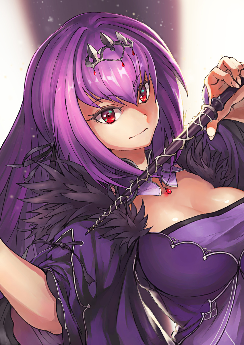 1girl absurdres bangs breasts caster_(lostbelt) cleavage commentary_request dress fate/grand_order fate_(series) hair_between_eyes headpiece highres jewelry large_breasts long_hair looking_at_viewer purple_dress purple_hair red_eyes solo srsojiro tiara upper_body