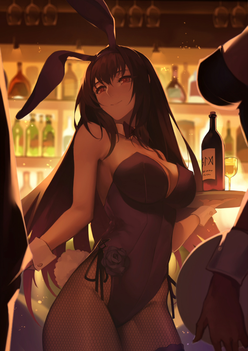 2girls absurdres animal_ears bangs bar bare_shoulders black_hair black_legwear bottle breasts bunny_tail bunnysuit cleavage closed_mouth fake_animal_ears fake_tail fate/grand_order fate_(series) fishnet_pantyhose fishnets hair_between_eyes highres holding holding_tray large_breasts leotard long_hair looking_at_viewer multiple_girls pantyhose purple_hair purple_leotard rabbit_ears reroi scathach_(fate/grand_order) sidelocks smile solo_focus tail thighs tray very_long_hair violet_eyes wine_bottle wrist_cuffs