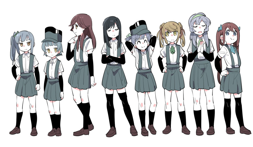 6+girls :&gt; :d ^_^ arare_(kantai_collection) arashio_(kantai_collection) arm_warmers arms_behind_head asagumo_(kantai_collection) asashio_(kantai_collection) bangs black_hair black_legwear blue_eyes blue_ribbon blunt_bangs brown_eyes brown_hair closed_eyes closed_mouth collared_shirt commentary_request crossed_arms double_bun expressionless eyebrows_visible_through_hair frown full_body ghost_in_the_shell ghost_in_the_shell_lineup ghost_in_the_shell_stand_alone_complex green_hairband green_ribbon grey_hair hair_between_eyes hair_flaps hair_over_shoulder hair_ribbon hair_rings hairband hand_on_hip hands_on_hips hands_together hat highres jitome kantai_collection kasumi_(kantai_collection) kneehighs lineup loafers long_hair looking_at_viewer michishio_(kantai_collection) multiple_girls neck_ribbon ooshio_(kantai_collection) open_mouth pleated_skirt purple_hair ribbon school_uniform shirt shoes short_hair side_ponytail simple_background skirt smile standing suspenders thigh-highs tonmoh twintails v-shaped_eyebrows white_background white_shirt yamagumo_(kantai_collection)