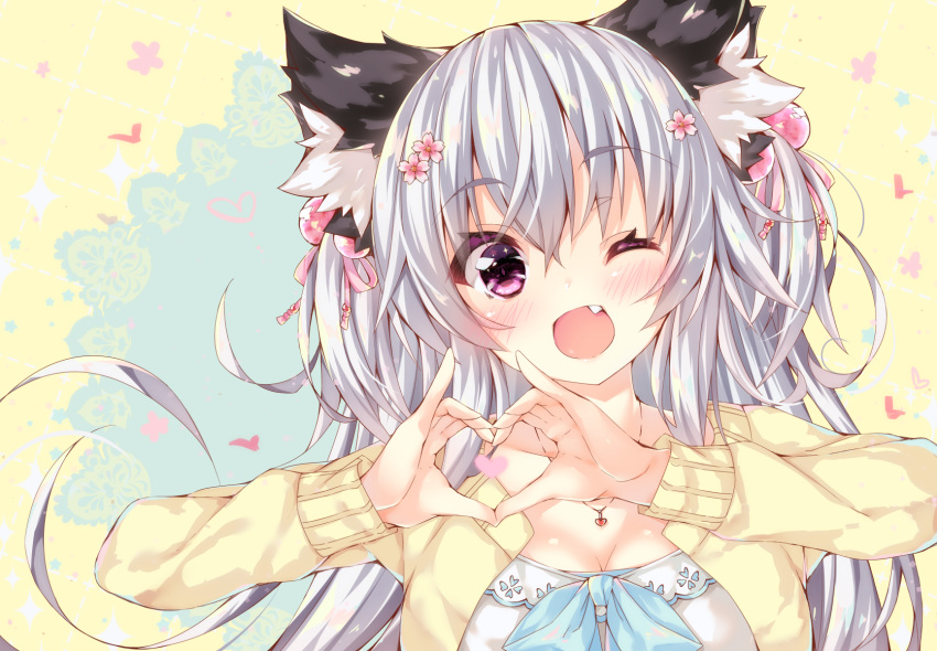1girl ;d animal_ears bangs blush breasts cat_ears cleavage collarbone commentary_request eyebrows_visible_through_hair fang flower hair_between_eyes hair_bobbles hair_flower hair_ornament hair_ribbon heart heart_hands heart_necklace highres jacket long_hair long_sleeves one_eye_closed ooji_cha open_clothes open_jacket open_mouth original oziko_(ooji_cha) pink_flower pink_ribbon ribbon shirt silver_hair small_breasts smile solo two_side_up very_long_hair white_shirt yellow_jacket