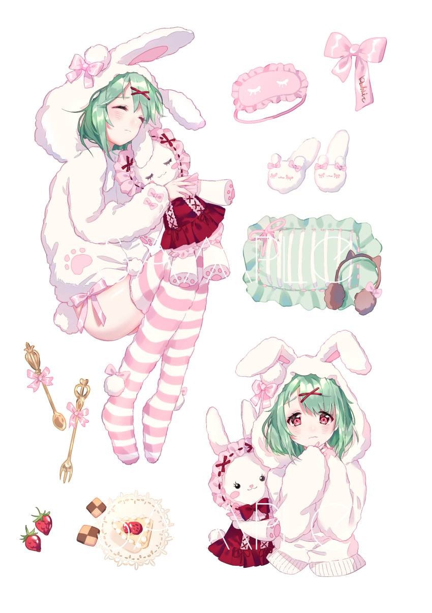 1girl absurdres animal_ears animal_hood aqua_hair blush blush_stickers bonnet bow bunny_hood bunny_tail checkerboard_cookie closed_eyes cookie doily fake_animal_ears food fork frilled_pillow frills fruit fur hair_ornament hand_on_own_chin headphones highres holding holding_stuffed_animal hood long_sleeves multiple_views no_shoes original pajamas paw_print pillow pink_bow red_eyes simple_background sleep_mask sleeping slippers spoon strawberry striped striped_legwear stuffed_animal stuffed_bunny stuffed_toy tail thigh-highs wavy_mouth white_background x_hair_ornament yuzhi