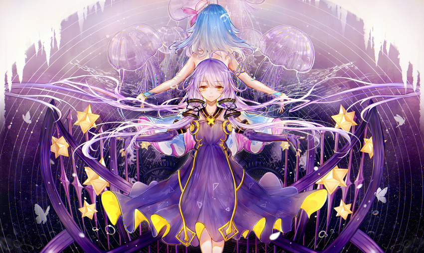 2girls bai_qi-qsr bangs bare_shoulders blue_hair blush brown_eyes closed_mouth collarbone dress elbow_gloves eyebrows_visible_through_hair gloves hair_between_eyes haiyi halterneck jellyfish long_hair multiple_girls outstretched_arms purple_dress purple_gloves purple_hair quad_tails smile spread_arms very_long_hair vocaloid vocanese wrist_cuffs xingchen