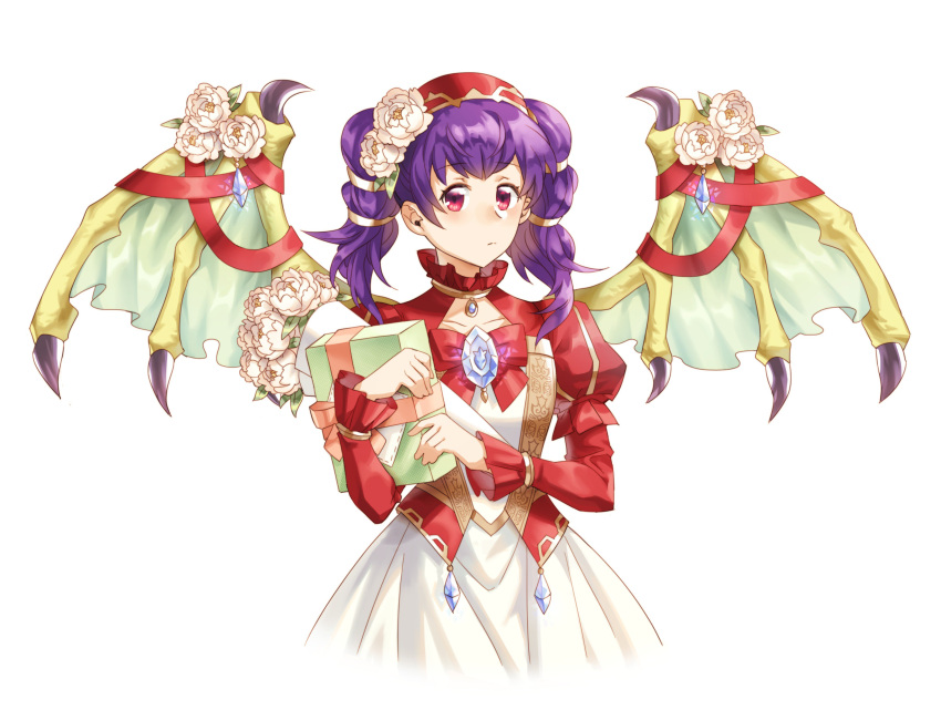 1girl absurdres blush cape dragon_girl dragon_wings dress fire_emblem fire_emblem:_seima_no_kouseki fire_emblem_heroes gift highres long_hair looking_at_viewer mamkute myrrh purple_hair red_eyes short_hair simple_background smile solo tecchen twintails wings