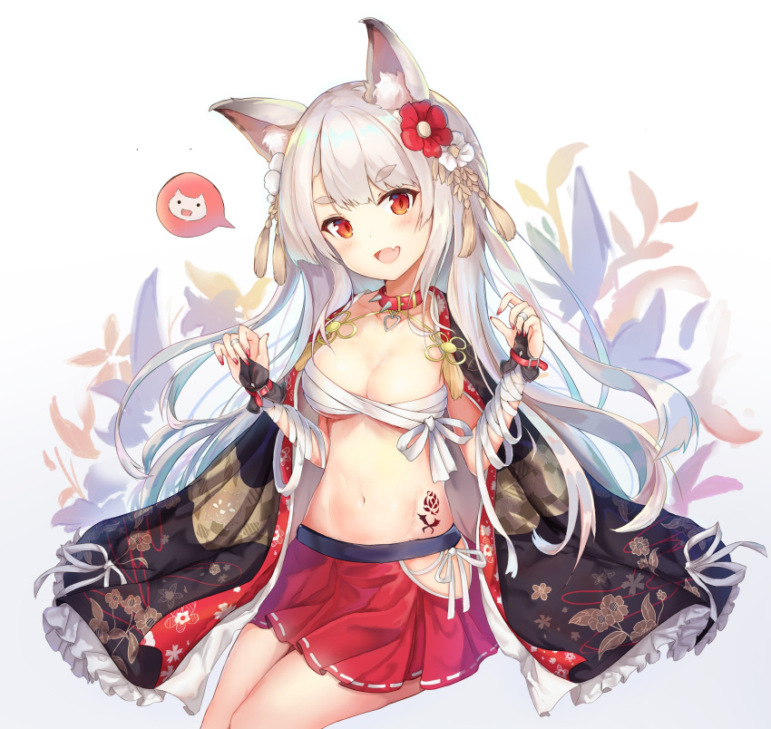 1girl absurdres aiguillette alternate_costume animal_ears azur_lane bandage bandaged_arm bangs braid breasts buckle claw_pose cleavage cloak collar dana eyebrows_visible_through_hair fang fingerless_gloves floating_hair flower gloves groin hair_flower hair_ornament head_tilt heart_collar highres long_hair looking_at_viewer medium_breasts microskirt nail_polish navel pleated_skirt red_eyes sarashi side_cutout sidelocks silver_hair skirt smile solo spiked_collar spikes stomach tail tassel tattoo thick_eyebrows thighs under_boob upper_body wrist_straps