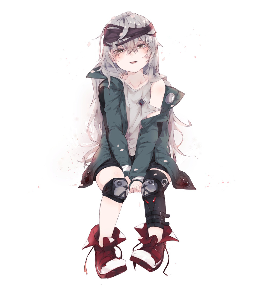 1girl absurdres ankle_boots bangs between_legs blush boots brown_eyes coat collarbone commentary_request eyebrows_visible_through_hair g11_(girls_frontline) girls_frontline green_coat hair_between_eyes hand_between_legs hat highres ki_lllorz knee_pads leg_strap legs long_hair looking_at_viewer messy_hair open_clothes open_coat open_mouth petals scarf scarf_on_head shirt shorts shoulder_cutout sidelocks silver_hair simple_background sitting smile solo thigh-highs very_long_hair white_background white_shirt