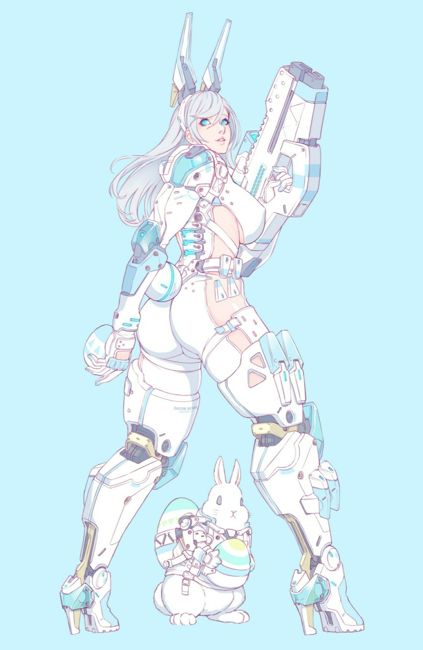 1girl ass blue_background blue_eyes bodysuit breasts cyborg easter_egg egg full_body gloves gun hairband highres holding_egg large_breasts looking_at_viewer machine mechanical_legs original parted_lips rabbit side_cutout silver_hair simple_background solo weapon wei_(kaminari0411) white_gloves