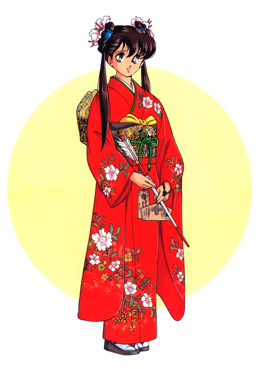 1girl 90s arrow brown_hair floral_print flower full_body green_eyes hair_flower hair_ornament highres holding_arrow japanese_clothes kimono long_hair long_sleeves looking_at_viewer mamono_hunter_youko mano_youko miyao_gaku obi official_art parted_lips red_kimono sandals sash smile solo standing tabi twintails