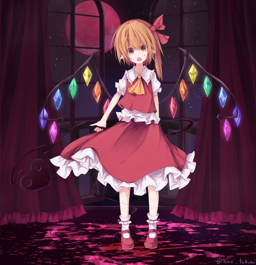 1girl :o absurdres fang flandre_scarlet gavrof highres looking_at_viewer mary_janes moon open_eyes open_mouth pointy_ears red shoes surprised the_embodiment_of_scarlet_devil touhou wide-eyed wings