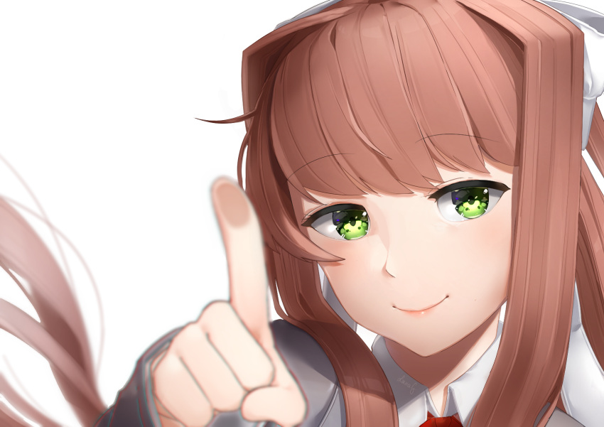 1girl blush brown_hair doki_doki_literature_club fourth_wall green_eyes grey_blazer hair_ribbon highres monika_(doki_doki_literature_club) pointing pointing_at_viewer red_ribbon ribbon sasoura school_uniform shirt solo white_background white_ribbon white_shirt