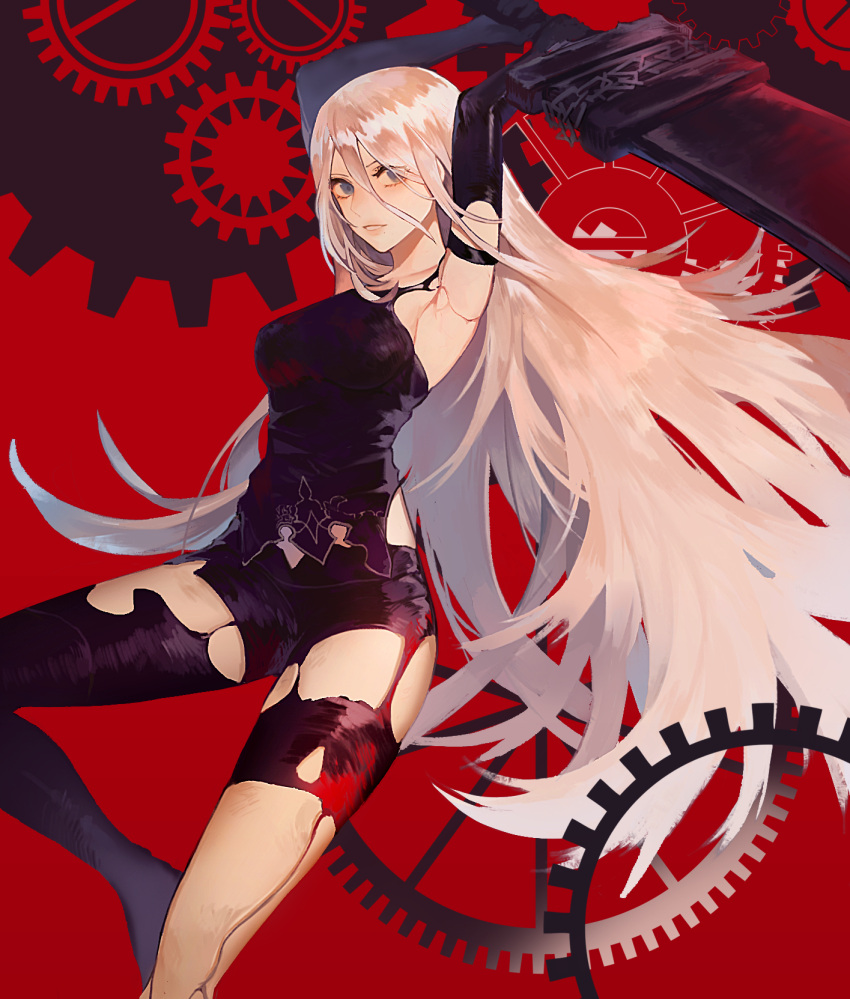 1girl android arms_up blue_eyes breasts elbow_gloves gears gloves hair_between_eyes halter_top halterneck highres holding holding_weapon huge_weapon light_smile long_hair medium_breasts mismatched_legwear nier_(series) nier_automata pullssack red_background robot_joints shorts silver_hair solo sword weapon yorha_type_a_no._2