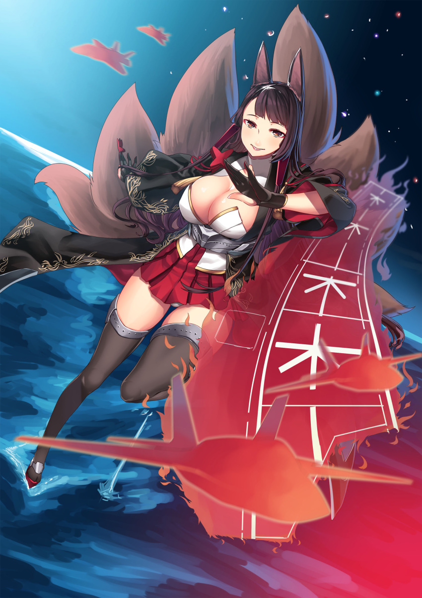 1girl absurdres aircraft airplane akagi_(azur_lane) animal_ears azur_lane bangs bent_elbow bent_knee blush boots breasts cleavage closed_mouth commentary_request gloves hiememiko highres large_breasts long_hair looking_at_viewer pleated pleated_skirt red_skirt skirt smile solo swept_bangs tail thigh-highs thighs
