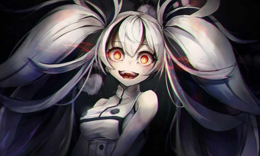 1girl escort_water_hime fangs glowing glowing_eyes hair_between_eyes kajaneko kantai_collection long_hair multicolored_hair open_mouth red_eyes saliva shinkaisei-kan twintails white_hair