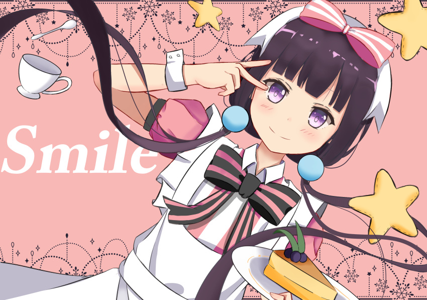 1girl absurdres black_hair blend_s bon_appetit_s cake coffee_cup cup disposable_cup food highres sakuranomiya_maika sasatabekung solo spoon violet_eyes