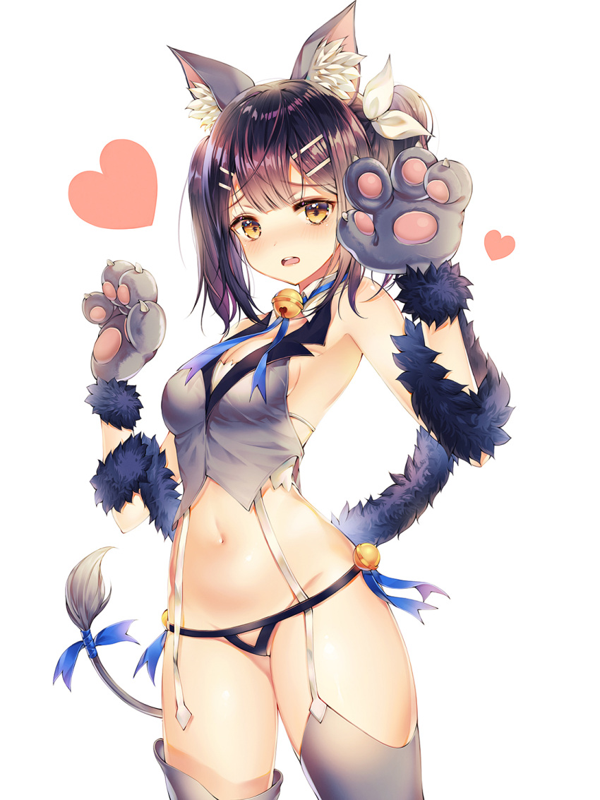 1girl animal_ears bell black_hair black_panties blue_ribbon blush breasts cat_ears cat_tail cleavage fate/kaleid_liner_prisma_illya fate_(series) fur_trim garter_straps gloves hair_ornament hairclip heart highres kemonomimi_mode looking_at_viewer mellozzo miyu_edelfelt navel open_mouth panties paw_gloves paws ribbon short_hair simple_background small_breasts solo standing tail thigh-highs underwear white_background