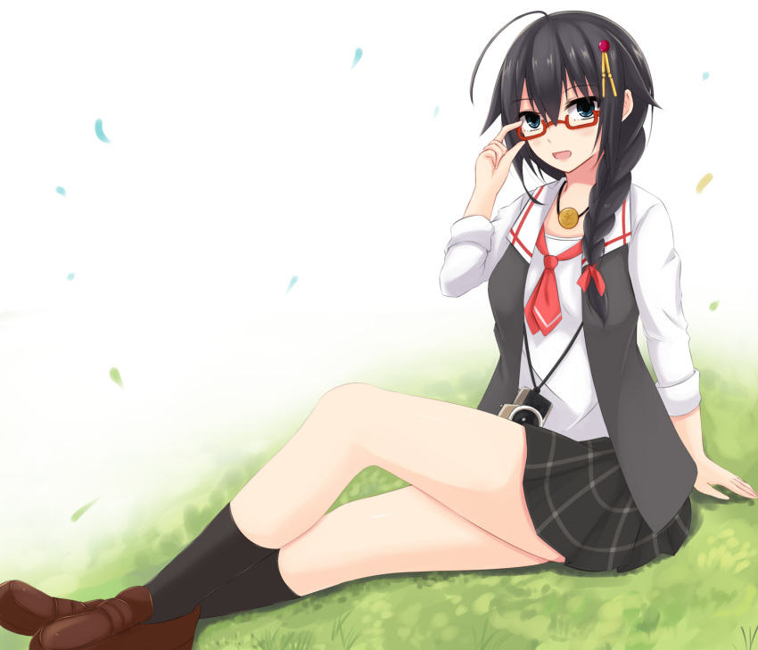 1girl :d ahoge alternate_costume anchor_symbol black_hair black_legwear black_skirt black_vest braid brown_footwear camera full_body grass hair_braid hair_flaps hair_ornament hair_over_shoulder highres holding_eyewear jewelry kantai_collection kyo1996329 loafers long_hair looking_at_viewer necklace necktie open_mouth plaid plaid_skirt red-framed_eyewear red_neckwear remodel_(kantai_collection) semi-rimless_eyewear shigure_(kantai_collection) shirt shoes single_braid sitting skirt smile socks solo vest white_shirt