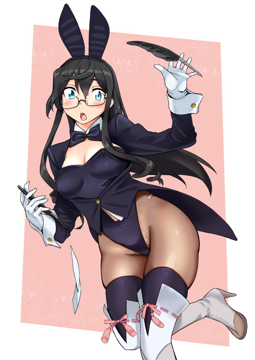 1girl animal_ears bare_shoulders black_hair black_legwear black_leotard blue_eyes blush boots bow bowtie breasts bunnysuit cleavage clipboard detached_collar dri_(drinker-dor) fake_animal_ears glasses gloves highres kantai_collection leotard long_hair ooyodo_(kantai_collection) open_mouth pantyhose pen rabbit_ears semi-rimless_eyewear solo strapless strapless_leotard sweatdrop tailcoat thigh-highs thigh_boots white_gloves wrist_cuffs