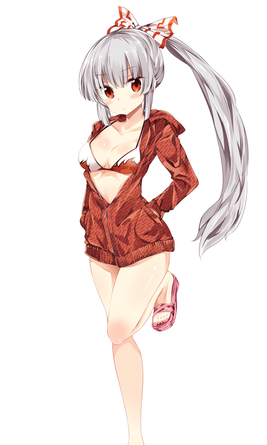 1girl bangs bare_legs bikini bikini_top bow breasts collarbone fujiwara_no_mokou hair_bow hands_in_pockets highres hood hood_down hoodie long_hair looking_at_viewer maturiuta_sorato medium_breasts one_leg_raised ponytail red_eyes sandals shiny shiny_skin silver_hair simple_background solo standing standing_on_one_leg swimsuit toenail_polish touhou very_long_hair white_background white_bikini zipper