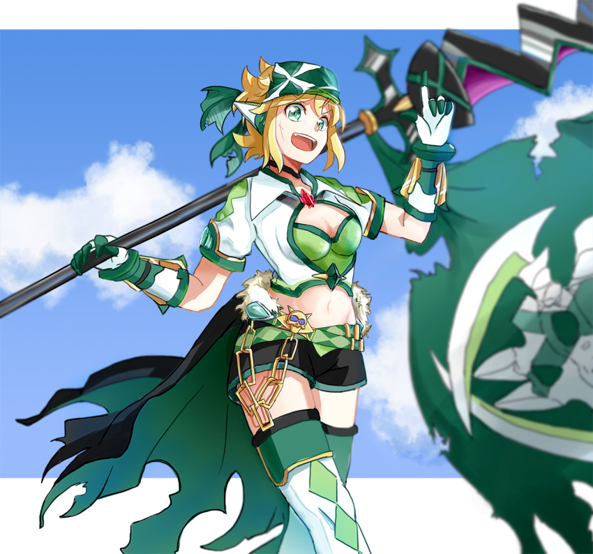 1girl akatsuki_kirika bandanna belt black_shorts blonde_hair blue_sky blurry breasts chains choker cleavage clouds commentary_request depth_of_field flag gloves green_bandana green_eyes highres infour jolly_roger looking_at_viewer medium_breasts midriff navel open_mouth pirate pointing pointing_up scythe senki_zesshou_symphogear senki_zesshou_symphogear_xd_unlimited shiny shiny_hair short_hair shorts skull skull_and_crossed_swords sky smile solo standing symphogear_pendant thigh-highs vambraces waistcoat weapon white_gloves white_legwear