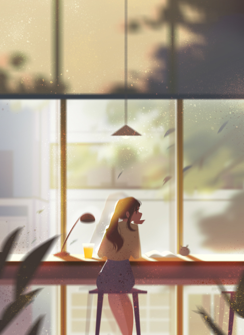 1girl arm_support book brown_eyes brown_hair chin_rest city cup elbow_rest eyebrows_visible_through_hair hand_on_own_chin highres jenny_yu lamp leaf leaves_in_wind light original ponytail shadow shirt sitting sky stool stuffed_toy tree window