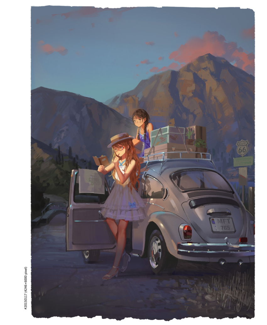 2girls alphonse_(white_datura) bare_arms bare_shoulders black_hair braid brown_eyes brown_hair car criss-cross_halter dress feet frilled_dress frills glasses ground_vehicle halterneck hat high_heels highres landscape long_hair motor_vehicle mountain multiple_girls open_toe_shoes original purple_dress reading red-framed_eyewear road_sign route_66 sandals shoes sign sitting sky sleeveless sleeveless_dress standing suitcase twin_braids volkswagen_beetle white_footwear