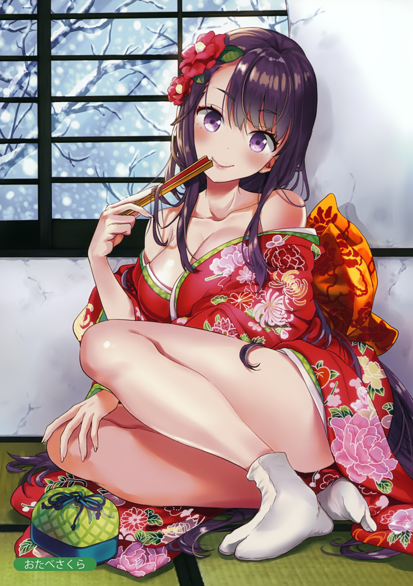 1girl absurdres bangs bare_shoulders bent_elbows bent_knees between_legs blush branch breasts cleavage closed_mouth collarbone eyebrows_visible_through_hair fingernails flower hair_between_eyes hair_flower hair_ornament hand_between_legs highres holding japanese_clothes kimono long_hair looking_at_viewer medium_breasts melonbooks open_clothes open_shirt otabe_sakura scan sitting snow socks solo translation_request tree violet_eyes white_footwear
