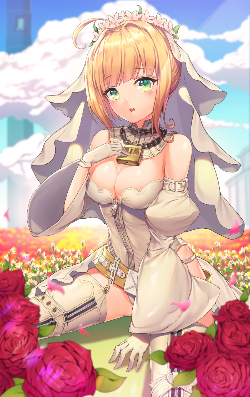 1girl ahoge arm_support bangs bare_shoulders blonde_hair blue_sky blunt_bangs blurry blurry_background blush breasts chains cleavage clouds cloudy_sky commentary_request day depth_of_field detached_sleeves eyebrows_visible_through_hair fate/extra fate/extra_ccc fate/grand_order fate_(series) flower full-length_zipper gloves green_eyes hand_on_own_chest head_tilt highres large_breasts lee_seok_ho leotard lock long_sleeves nero_claudius_(bride)_(fate) nero_claudius_(fate)_(all) outdoors padlock parted_lips puffy_long_sleeves puffy_sleeves red_flower red_rose rose sidelocks sky solo thigh-highs upper_teeth veil white_flower white_gloves white_legwear white_leotard wide_sleeves zipper zipper_pull_tab