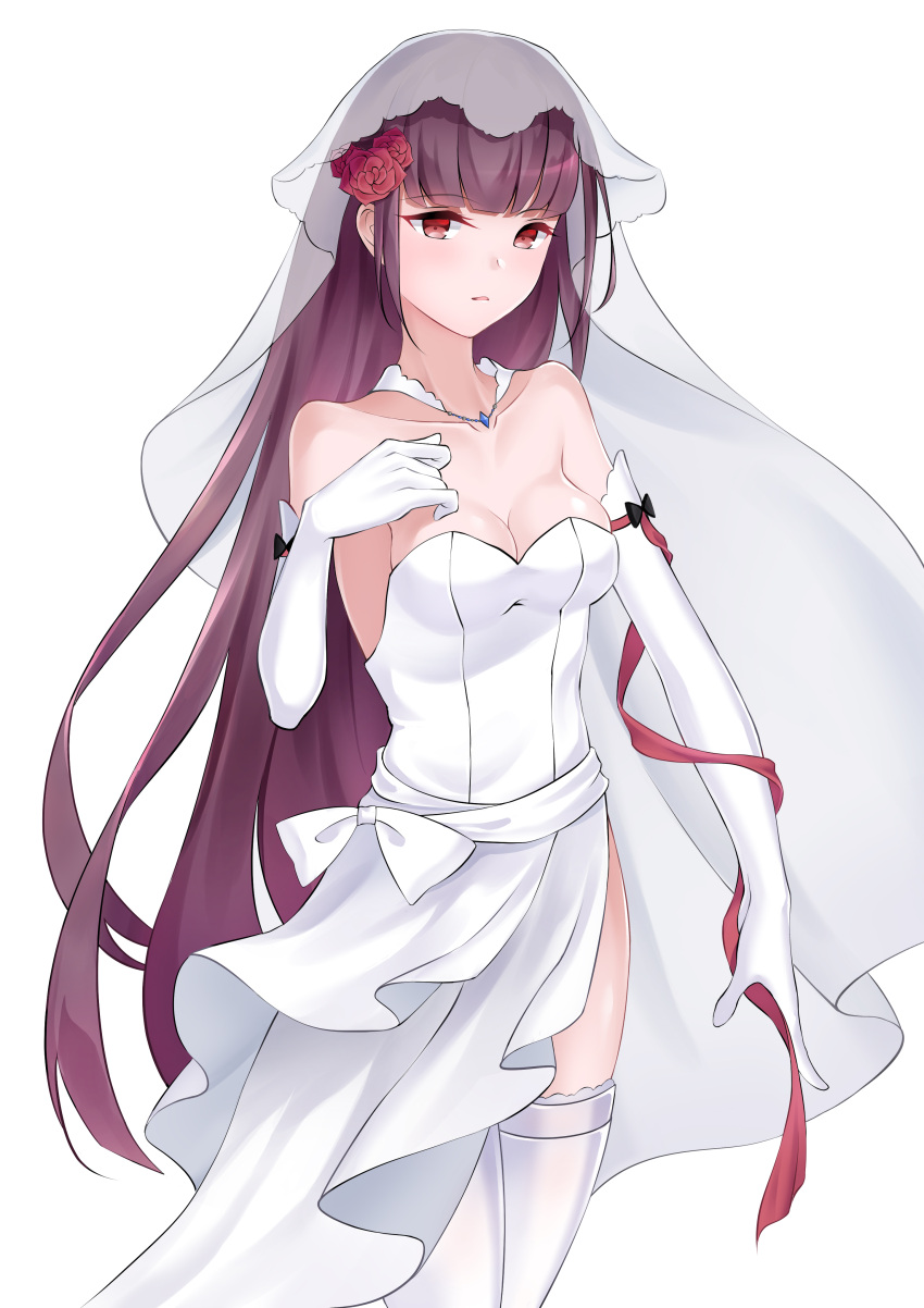 1girl absurdres alternate_costume alternate_hairstyle arm_at_side arm_ribbon bangs blush breasts bridal_veil cleavage collarbone dress elbow_gloves eyebrows_visible_through_hair flower girls_frontline gloves hair_flower hair_ornament hand_on_own_chest highres jewelry large_breasts long_hair looking_at_viewer misaki159123 open_mouth pendant purple_hair red_eyes ribbon sidelocks simple_background solo strapless strapless_dress thigh-highs thighs veil very_long_hair wa2000_(girls_frontline) wedding_dress white_background white_gloves white_legwear