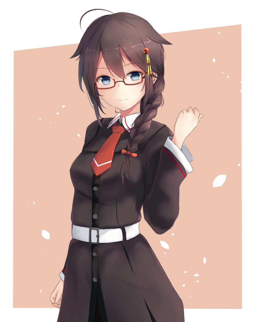 1girl ahoge alternate_costume arm_at_side bangs belt black_coat blue_eyes blush braid breasts brown-framed_eyewear brown_hair buckle buttons clenched_hand closed_mouth coat collared_shirt glasses hair_between_eyes hair_flaps hair_ornament hair_over_shoulder hair_ribbon hand_up highres jenson_tw kantai_collection long_hair looking_at_viewer medium_breasts necktie outside_border red_neckwear remodel_(kantai_collection) ribbon semi-rimless_eyewear shigure_(kantai_collection) shirt sidelocks simple-background single_braid smile solo