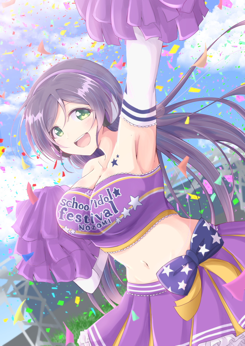 1girl absurdres alternate_costume armpits bare_shoulders blush breasts cheerleader chiro_(bocchiropafe) commentary_request elbow_gloves gloves green_eyes highres large_breasts long_hair looking_at_viewer love_live! love_live!_school_idol_festival love_live!_school_idol_project midriff navel open_mouth pom_poms purple_hair scrunchie skirt smile solo takaramonozu thigh-highs toujou_nozomi twintails