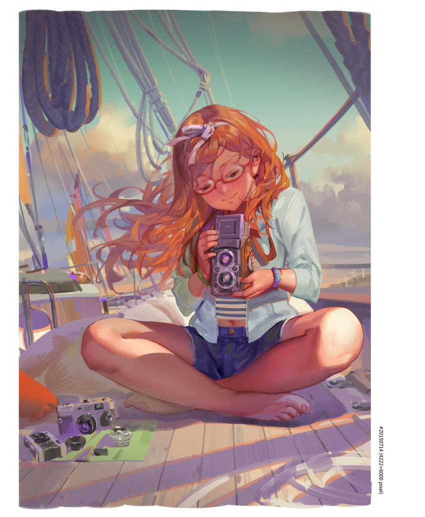 1girl alphonse_(white_datura) barefoot blue_jacket blue_shorts blue_sky boat bracelet brown_hair camera closed_eyes closed_mouth clouds crossed_ankles day glasses hair_ribbon head_tilt highres holding holding_camera jacket jewelry light_smile long_hair long_sleeves navel open_clothes open_jacket original outdoors red-framed_eyewear ribbon rope sailboat short_shorts shorts sitting sky smile solo striped toenails watercraft