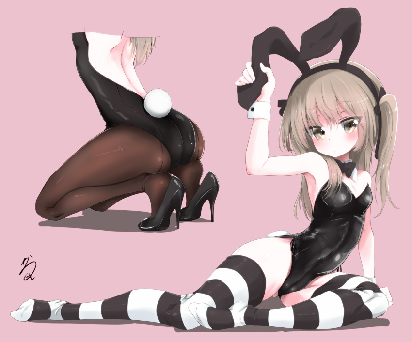 1girl animal_ears arm_support arm_up ass backless_outfit bangs bare_shoulders black_bow black_footwear black_leotard black_neckwear black_ribbon blush bow bowtie breasts brown_eyes brown_hair brown_legwear bunny_tail bunnysuit detached_collar fake_animal_ears fake_tail girls_und_panzer gluteal_fold head_out_of_frame high_heels highres kneeling leaning_to_the_side leotard long_hair looking_at_viewer monochrome_background multiple_views no_shoes not_on_shana pantyhose pink_background rabbit_ears ribbon shimada_arisu side-tie_leotard signature simple_background sitting small_breasts striped striped_legwear tail thigh-highs twintails