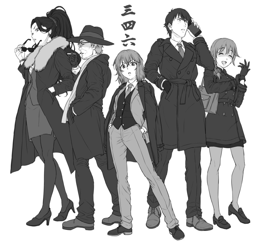 2boys 3girls bag black_gloves braid cellphone cigarette closed_eyes coat dress_shirt earrings executive_mishiro eyewear_removed facial_hair fedora formal full_body fur_collar glasses gloves greyscale hair_over_shoulder hands_in_pockets hat high_heels high_ponytail highres idolmaster idolmaster_cinderella_girls imanishi_(idolmaster) jacket jacket_on_shoulders jewelry loafers long_hair looking_at_viewer monochrome multiple_boys multiple_girls murakami_tomoe necktie nigou open_clothes open_coat open_jacket open_mouth pantyhose pencil_skirt phone ponytail producer_(idolmaster_cinderella_girls_anime) scarf senkawa_chihiro shirt shoes short_hair shoulder_bag simple_background single_braid skirt smartphone smile stubble suit sunglasses translated vest watch watch white_background