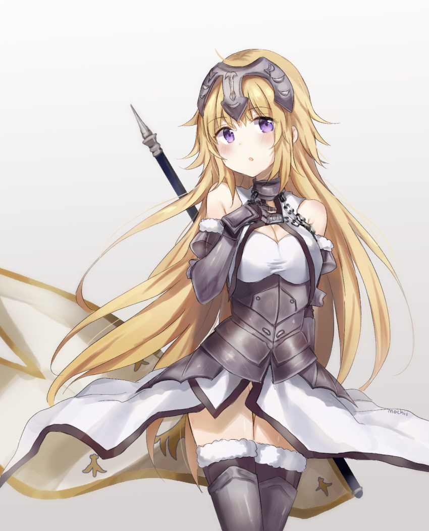 1girl :o armor bare_shoulders blonde_hair blush breasts cleavage commentary cowboy_shot elbow_gloves english_commentary eyebrows_visible_through_hair fate/apocrypha fate_(series) fur_trim gauntlets gloves gorget hand_up headpiece highres jeanne_d'arc_(fate) jeanne_d'arc_(fate)_(all) large_breasts long_hair looking_at_viewer mochii parted_lips solo standing thigh-highs very_long_hair violet_eyes