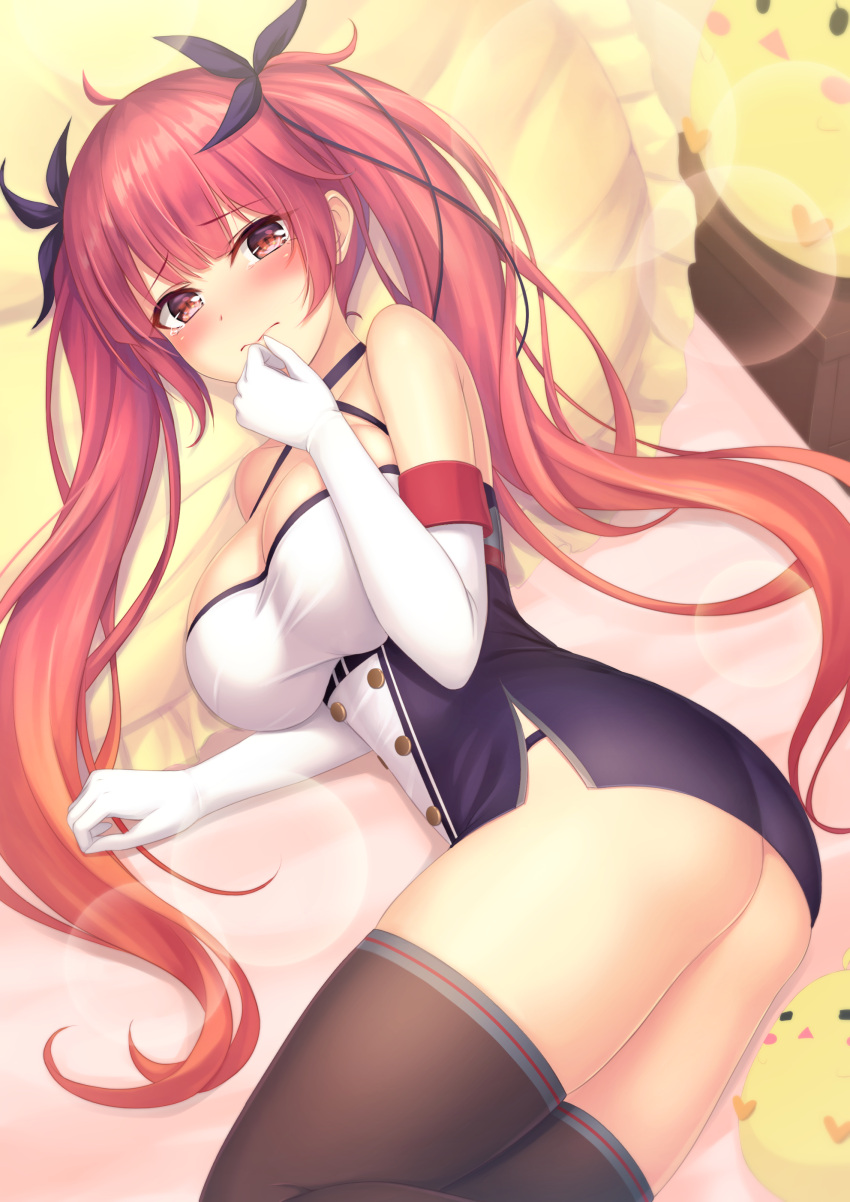1girl absurdres azur_lane blush breasts brown_legwear commentary_request elbow_gloves eyebrows_visible_through_hair frilled_pillow frills gloves hair_ribbon highres honolulu_(azur_lane) large_breasts long_hair looking_at_viewer pillow red_eyes redhead ribbon solo tears thigh-highs tiphereth twintails white_gloves