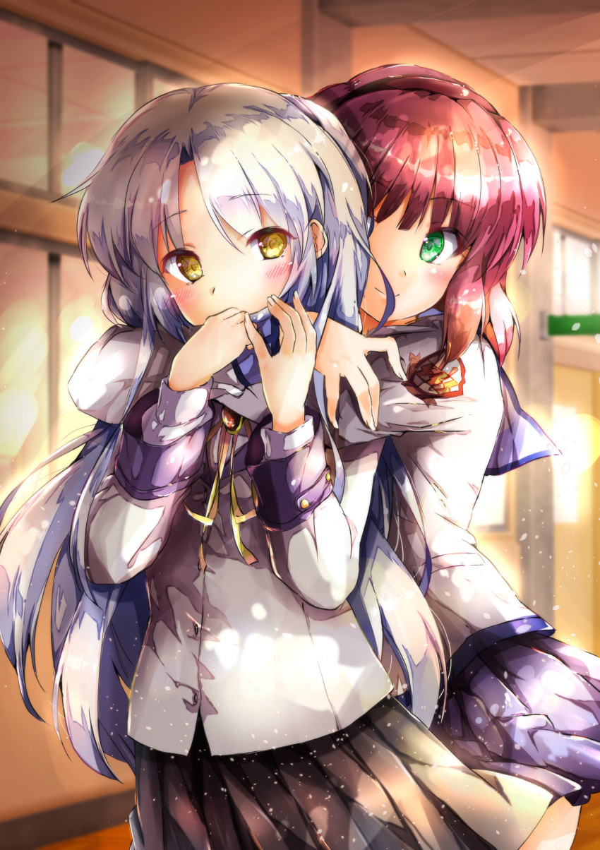 2girls absurdres angel_beats! black_skirt blazer blue_skirt bow ca2la cowboy_shot green_eyes hair_bow hairband highres hug hug_from_behind jacket long_hair looking_at_viewer multiple_girls purple_hair school_uniform serafuku short_hair silver_hair skirt tachibana_kanade yellow_eyes yuri_(angel_beats!)