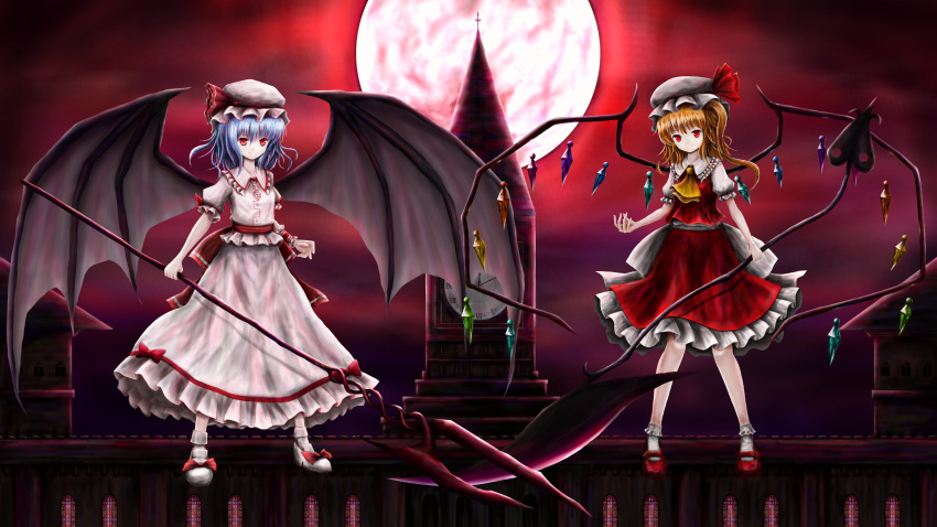 absurdres bat_wings blonde_hair blue_hair clock clock_tower dress eleeam flandre_scarlet floating flying highres holding holding_staff holding_weapon looking_at_viewer moon night night_sky red_dress red_eyes red_moon remilia_scarlet sky staff touhou tower weapon white_dress wings