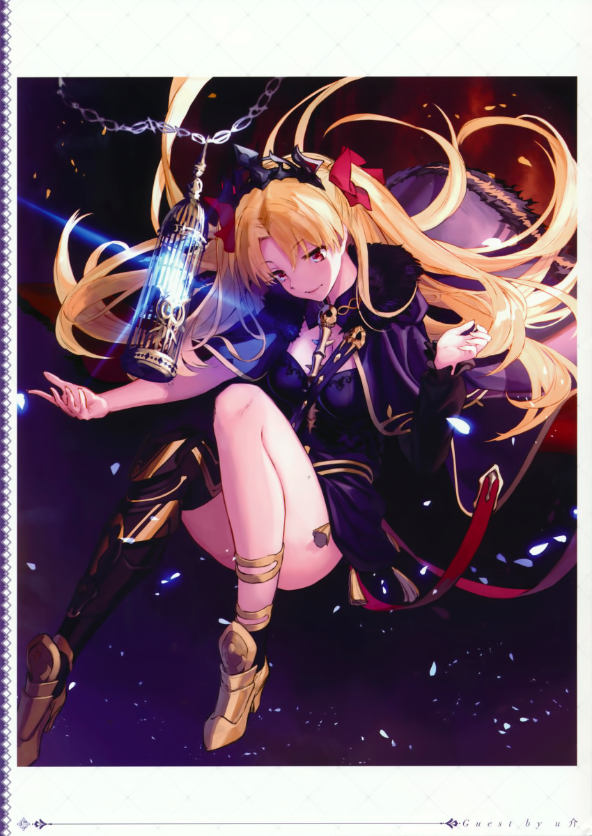1girl absurdres ankle_boots anklet artist_name bangs bare_legs birdcage black_dress black_legwear blonde_hair blush boots breasts cage cape chains cleavage closed_mouth dark_background dress ereshkigal_(fate/grand_order) eyebrows_visible_through_hair fate/grand_order fate_(series) full_body fur-trimmed_cape fur_trim glowing hair_ribbon highres jewelry lens_flare long_hair long_sleeves looking_at_viewer page_number parted_bangs petals red_eyes red_ribbon ribbon scan short_dress single_detached_sleeve single_thighhigh skirt skull small_breasts smile solo spine supertie tassel thigh-highs thighs tiara tohsaka_rin twintails two_side_up very_long_hair white_border yellow_footwear