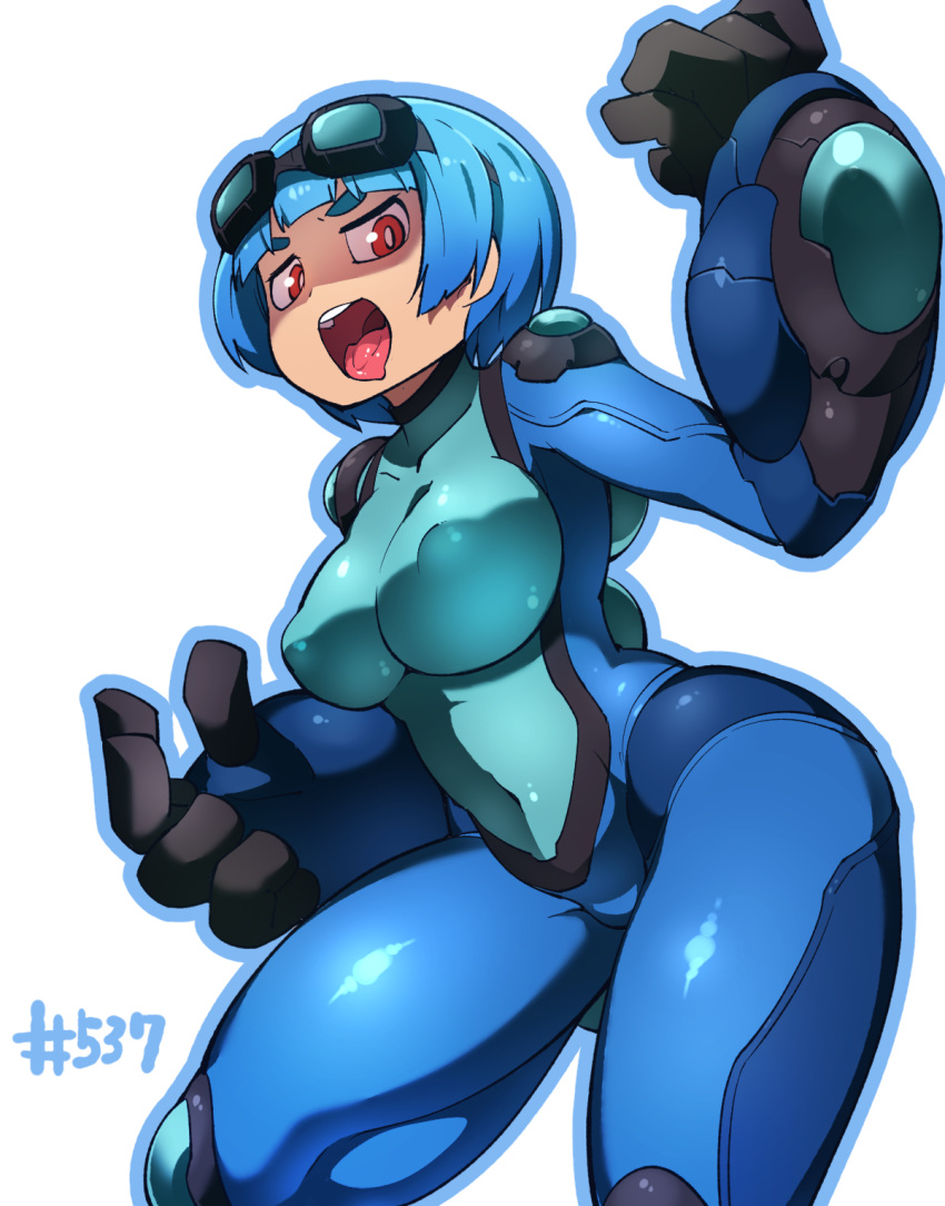 1girl black_gloves bodysuit breasts clenched_hand fukurou_(owl222) gen_5_pokemon gloves goggles highres impossible_clothes large_breasts looking_at_viewer personification pokemon red_eyes seismitoad short_hair skin_tight solo standing thick_eyebrows tongue