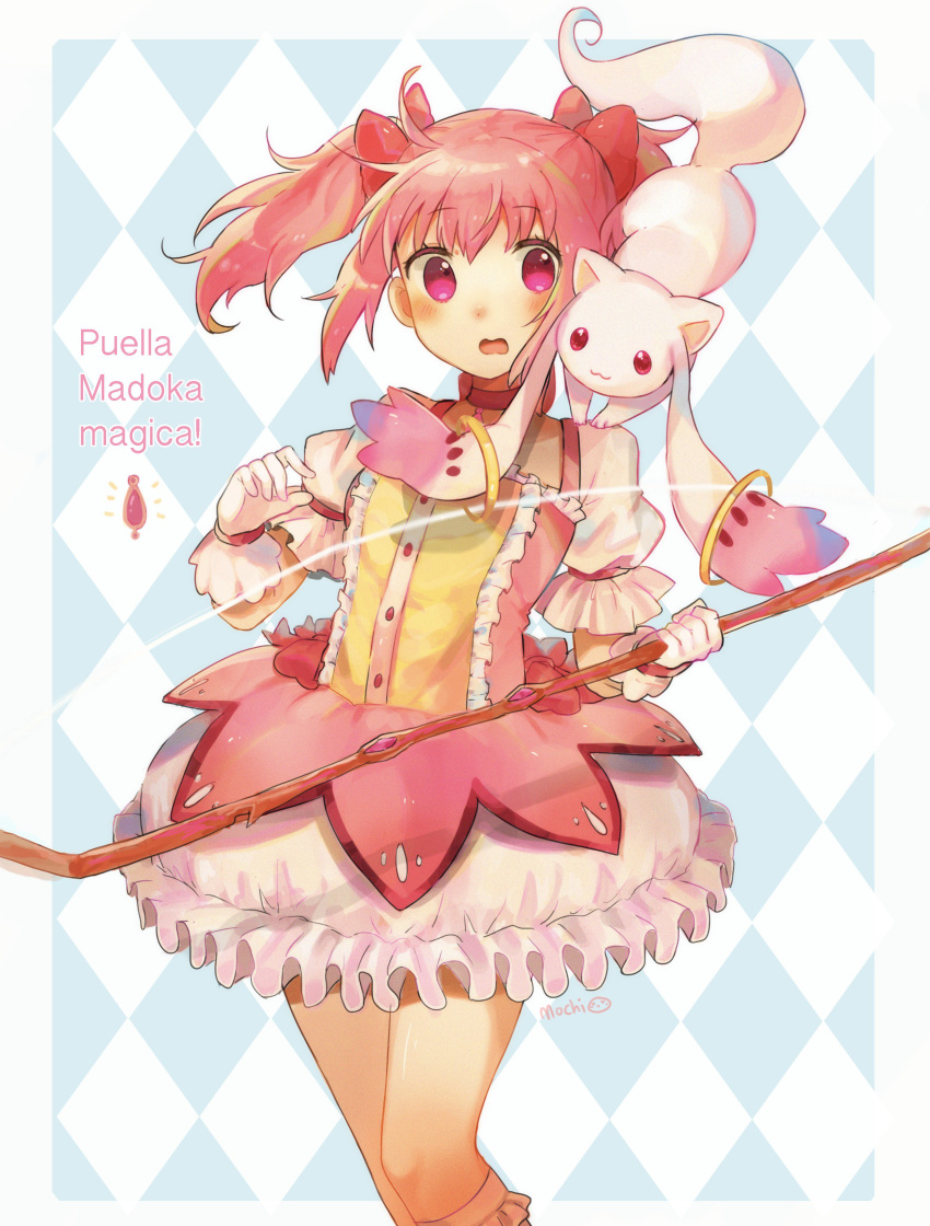 1girl :3 absurdres argyle argyle_background bow bow_(weapon) bubble_skirt commentary copyright_name english_commentary eyebrows_visible_through_hair gloves hair_bow highres holding kaname_madoka kyubey looking_at_viewer magical_girl mahou_shoujo_madoka_magica mochii pink_eyes pink_hair red_bow short_hair signature skirt solo standing twintails weapon white_gloves wide-eyed