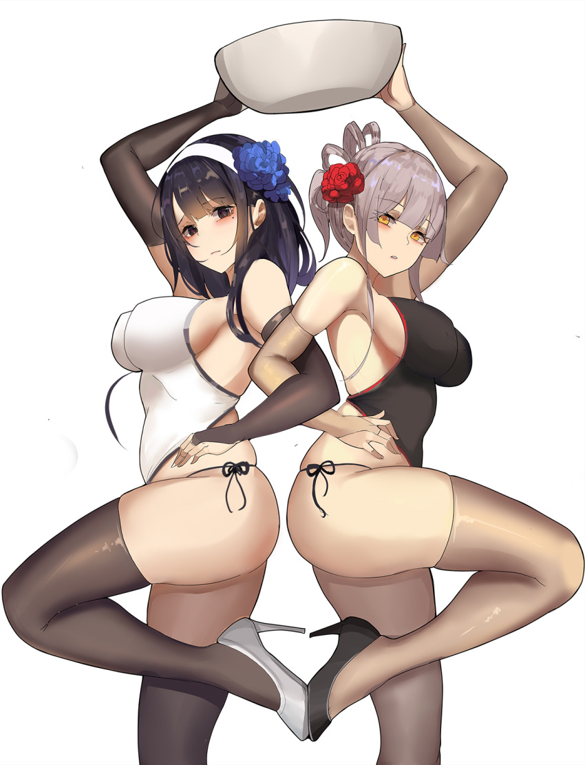 2girls arm_up armpits bangs bare_shoulders black_eyes black_footwear black_legwear black_leotard black_ribbon blue_flower blunt_bangs blush breasts bridal_gauntlets brown_legwear eyebrows_visible_through_hair flower from_side gg-e greyscale hair_flower hair_ornament hair_rings hairband high_heels highres large_breasts leg_up leotard locked_arms long_hair looking_at_viewer looking_to_the_side monochrome multiple_girls original panties parted_lips red_flower ribbon shiny shiny_clothes side-tie_panties sideboob sidelocks silver_hair simple_background skindentation standing standing_on_one_leg thigh-highs underwear white_background white_footwear white_hairband white_leotard yellow_eyes