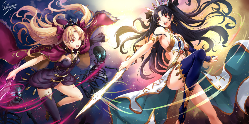 2girls :d armlet armpits backlighting bangs bare_legs bare_shoulders black_hair black_legwear black_leotard black_ribbon blonde_hair breasts bridal_gauntlets bridal_legwear cape cleavage crown earrings ereshkigal_(fate/grand_order) eye_contact eyebrows_visible_through_hair fate/grand_order fate_(series) fur-trimmed_cape fur_trim hair_ribbon highres holding holding_sword holding_weapon hoop_earrings infinity ishtar_(fate/grand_order) jewelry leaning_forward leg_up leotard long_hair looking_at_another medium_breasts multiple_girls navel navy_blue_legwear neck_ring open_mouth outstretched_arm parted_bangs purple_cape purple_ribbon red_eyes revealing_clothes ribbon sakiyamama sideboob signature single_thighhigh skeleton skull small_breasts smile sparkle spines stomach sword thigh-highs thighs tiara two_side_up upper_teeth v-shaped_eyebrows very_long_hair weapon