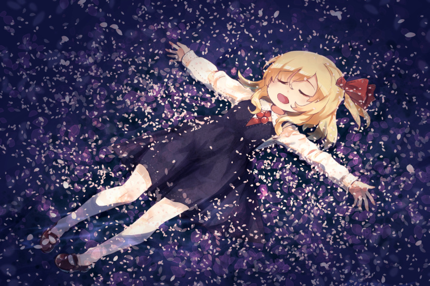 1girl black_dress blonde_hair closed_eyes commentary_request dress full_body hair_ribbon long_sleeves lying murani on_back open_mouth outstretched_arms petals ribbon rumia shoes short_hair solo spread_arms touhou