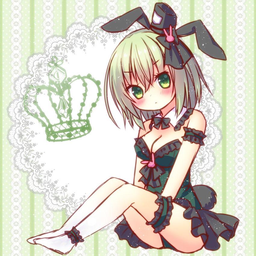 1girl animal_ears ankle_cuffs bangs bare_shoulders barefoot between_legs black_bow black_hat black_leotard blush bow breasts bunny_hair_ornament cleavage closed_mouth collar detached_collar doily eyebrows_visible_through_hair frilled_collar frills ghost_tail green_eyes green_hair hair_between_eyes hair_bow hair_ornament hand_between_legs hat head_tilt highres himetsuki_luna leg_garter leotard long_hair looking_at_viewer medium_breasts rabbit_ears sitting soga_no_tojiko solo strapless strapless_leotard tate_eboshi touhou white_collar