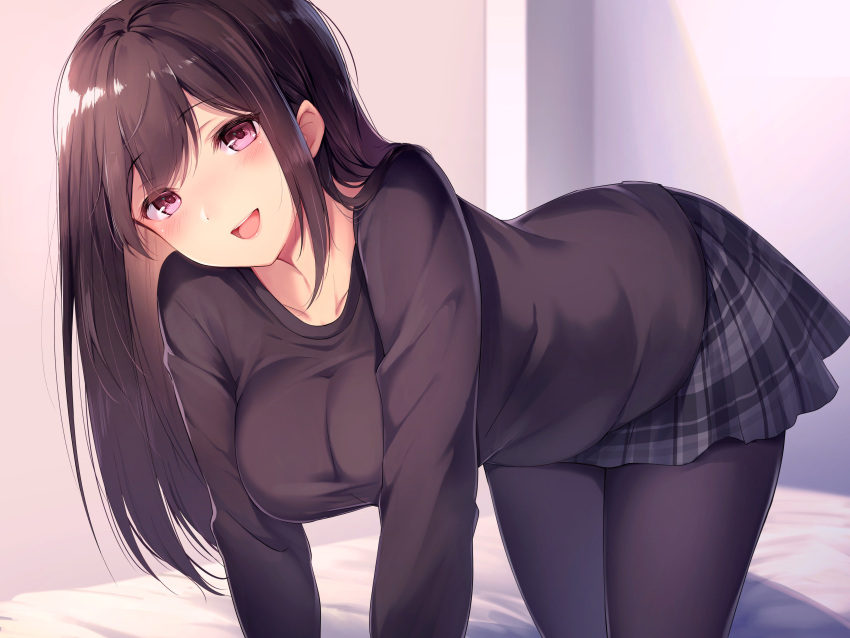 1girl absurdres all_fours black_legwear black_shirt blush breasts brown_hair commentary_request hanging_breasts highres long_hair long_sleeves medium_breasts miniskirt nyum on_bed open_mouth original pantyhose pink_eyes plaid plaid_skirt pleated_skirt shirt skirt smile solo taut_clothes taut_shirt