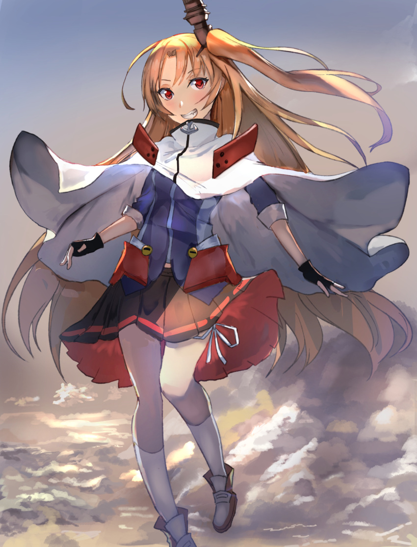 1girl aa44 azur_lane bell blonde_hair capelet cleveland_(azur_lane) fingerless_gloves gloves hair_between_eyes highres kneehighs long_hair outstretched_arms red_eyes side_ponytail skirt smile solo