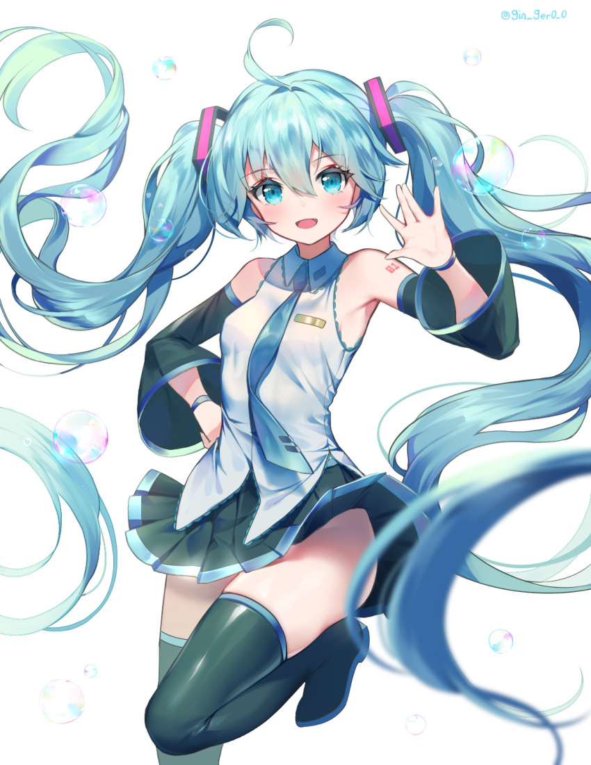 1girl ahoge aqua_eyes aqua_hair boots bracelet detached_sleeves eyebrows_visible_through_hair gin2 hair_between_eyes hand_on_hip hatsune_miku highres jewelry long_hair looking_at_viewer necktie open_mouth pleated_skirt skirt solo thigh-highs thigh_boots twintails twitter_username very_long_hair vocaloid white_background