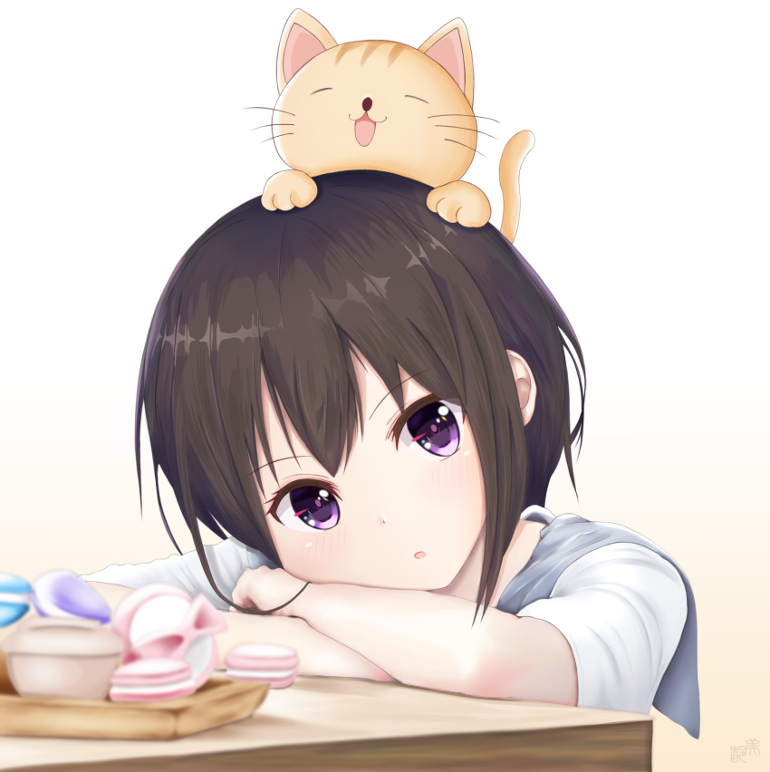 1girl blurry blush brown_hair cat commentary_request crossed_arms depth_of_field gradient gradient_background head_tilt highres indoors looking_at_viewer mito_ichijyo open_mouth original short_hair sitting solo table violet_eyes