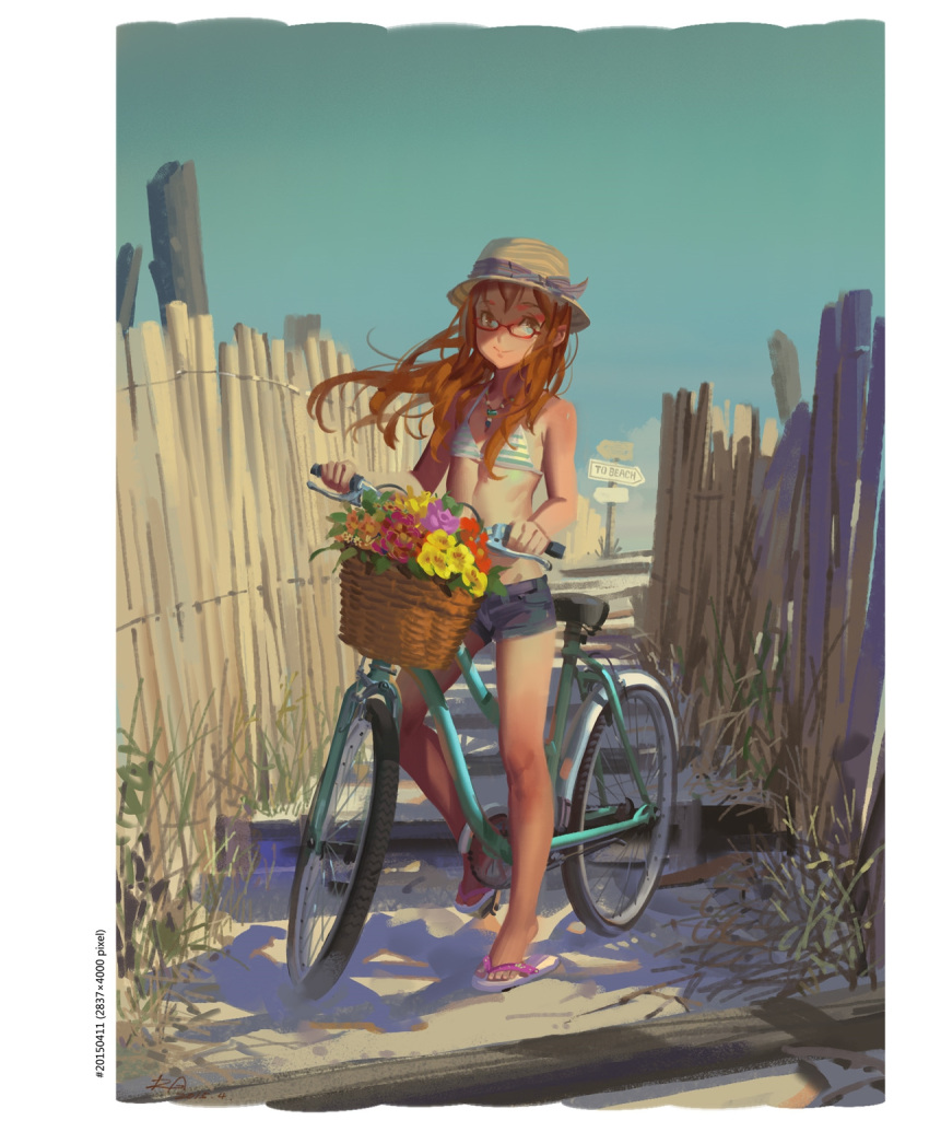 1girl alphonse_(white_datura) bangs basket bicycle bicycle_basket bikini_top blue_eyes blue_shorts blue_sky brown_hair closed_mouth day fence flat_chest flip-flops flower flower_basket glasses ground_vehicle hat highres long_hair looking_at_viewer orange_flower original outdoors purple_flower red-framed_eyewear red_flower sandals short_shorts shorts sky smile solo striped striped_bikini_top swimsuit white_footwear yellow_flower